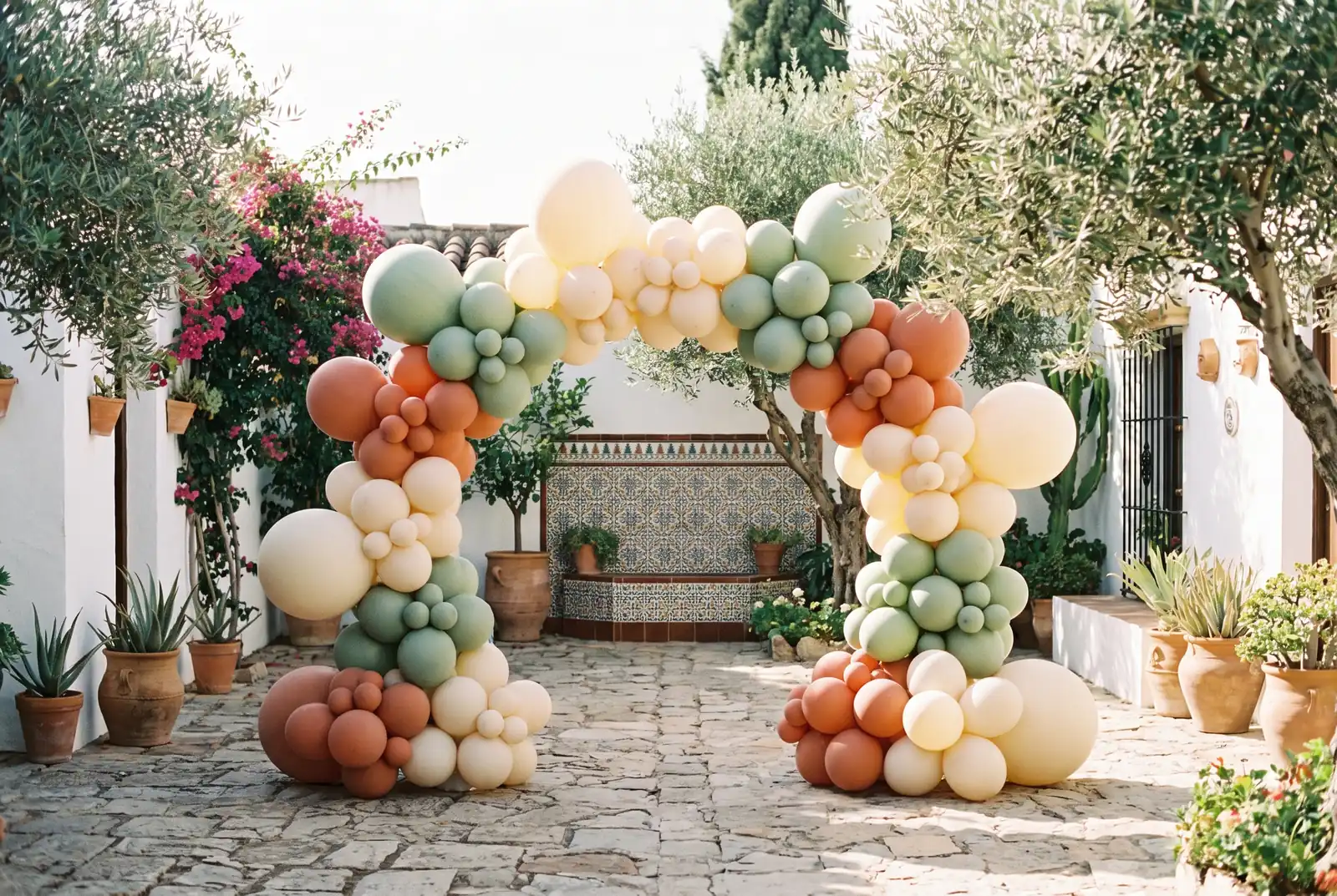 Imagen ilustrativa: arco orgánico de globos crema, salvia y terracota en un patio andaluz