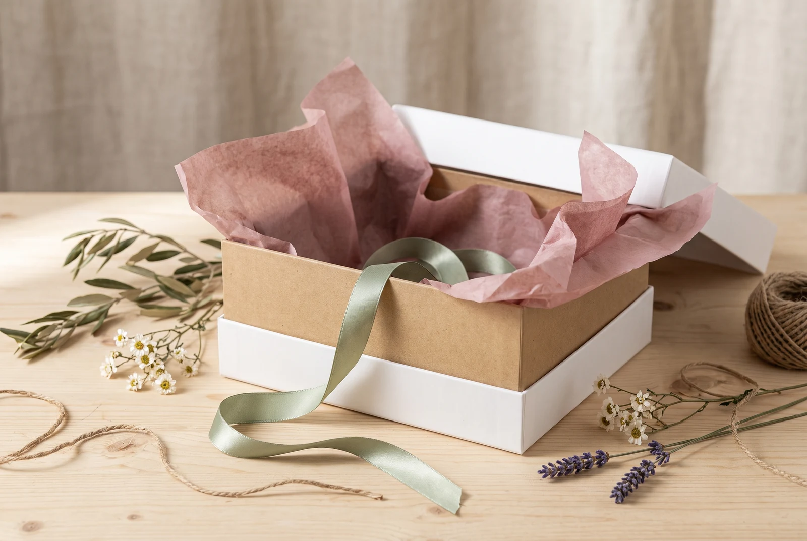 Imagen ilustrativa: caja kraft abierta con papel de seda rosa polvo