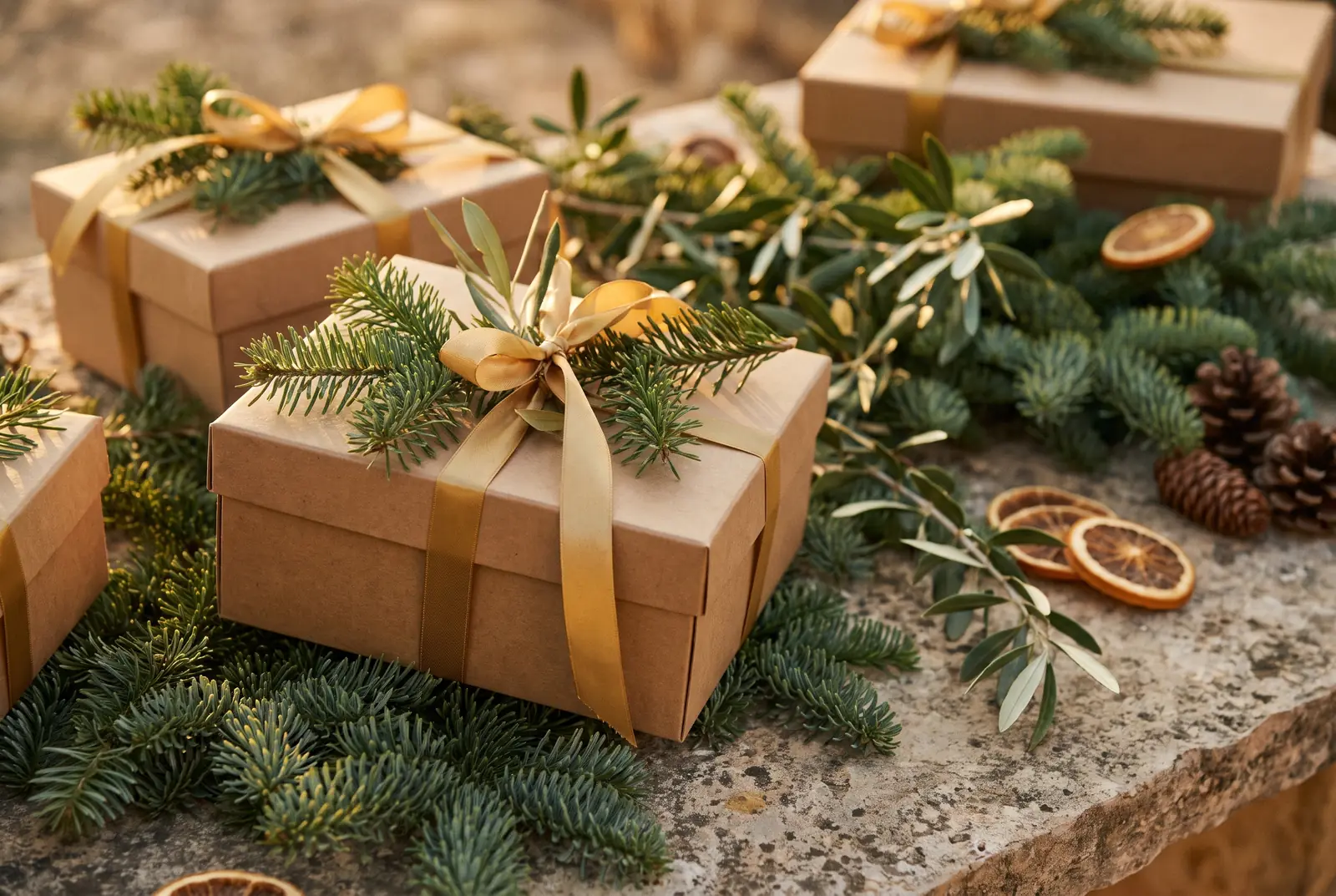Imagen ilustrativa: cajas kraft con cinta dorada y ramas de abeto, sin figuras navideñas