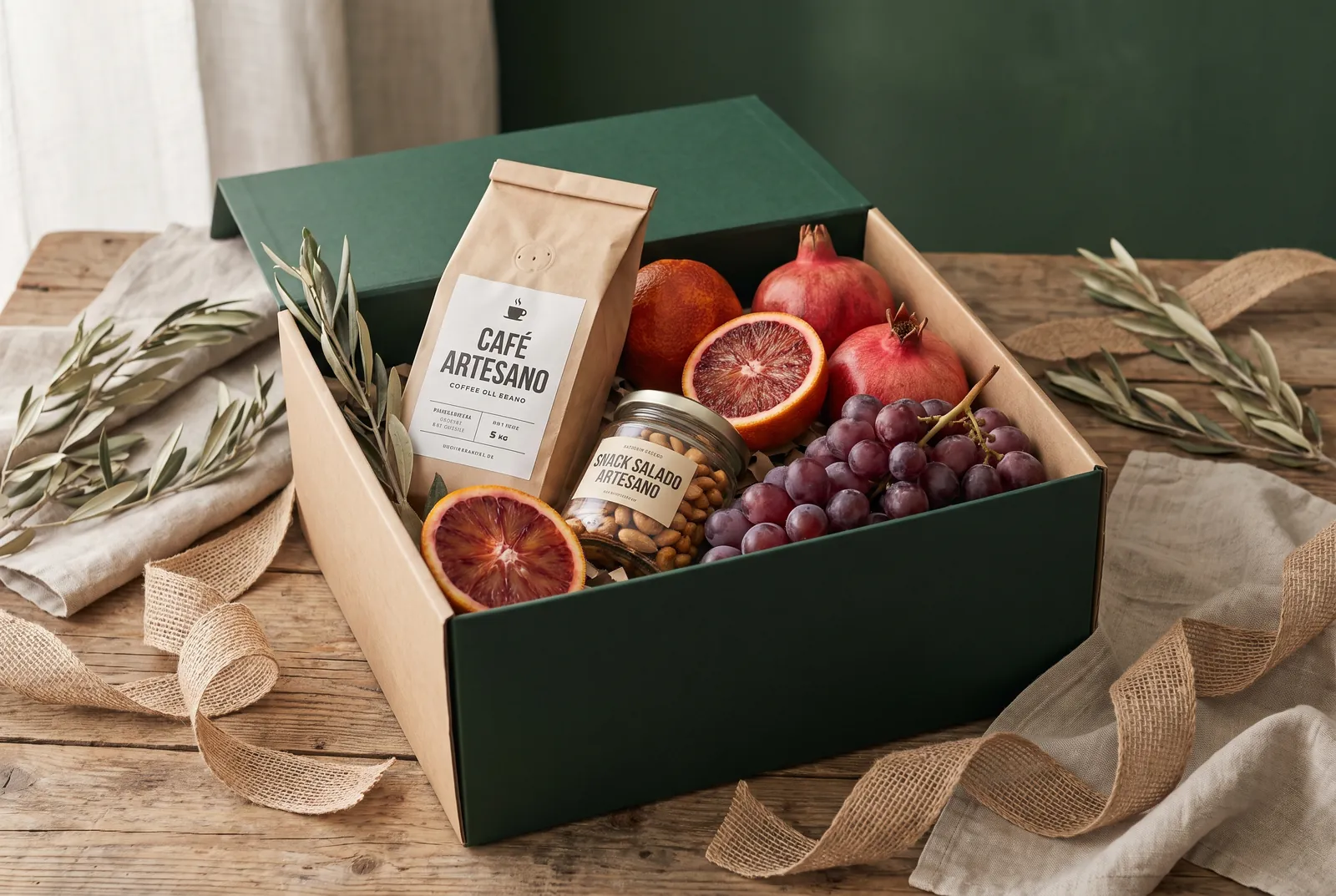 Imagen ilustrativa: caja kraft y verde botella con café, snack salado y fruta, tonos sobrios
