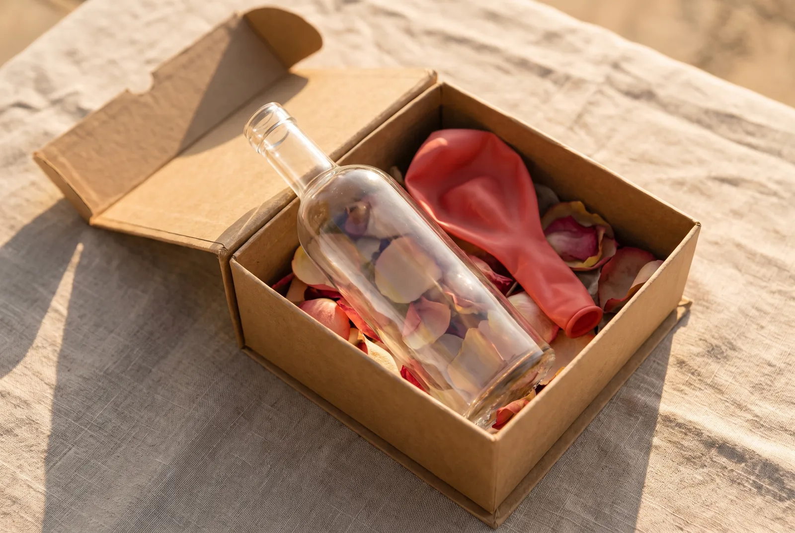 Imagen ilustrativa: caja con botella sin etiqueta, globo rojo suave y pétalos, luz dorada