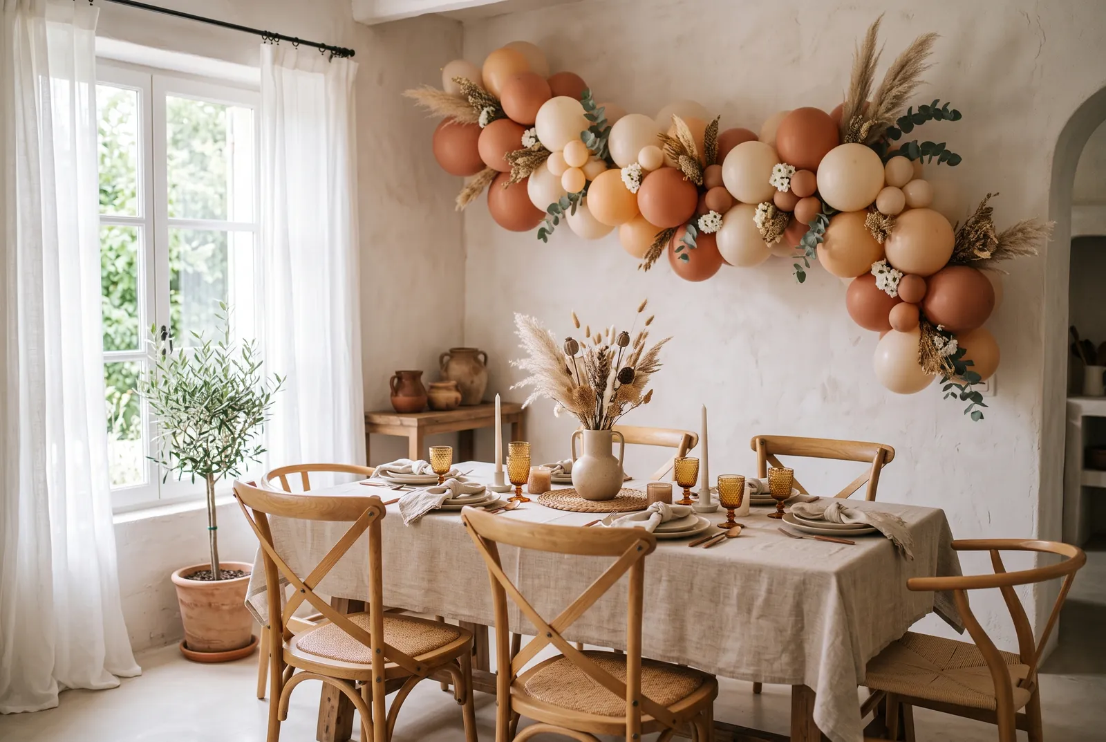 Imagen ilustrativa: salón luminoso con guirnalda de globos terracota y crema y mesa vestida
