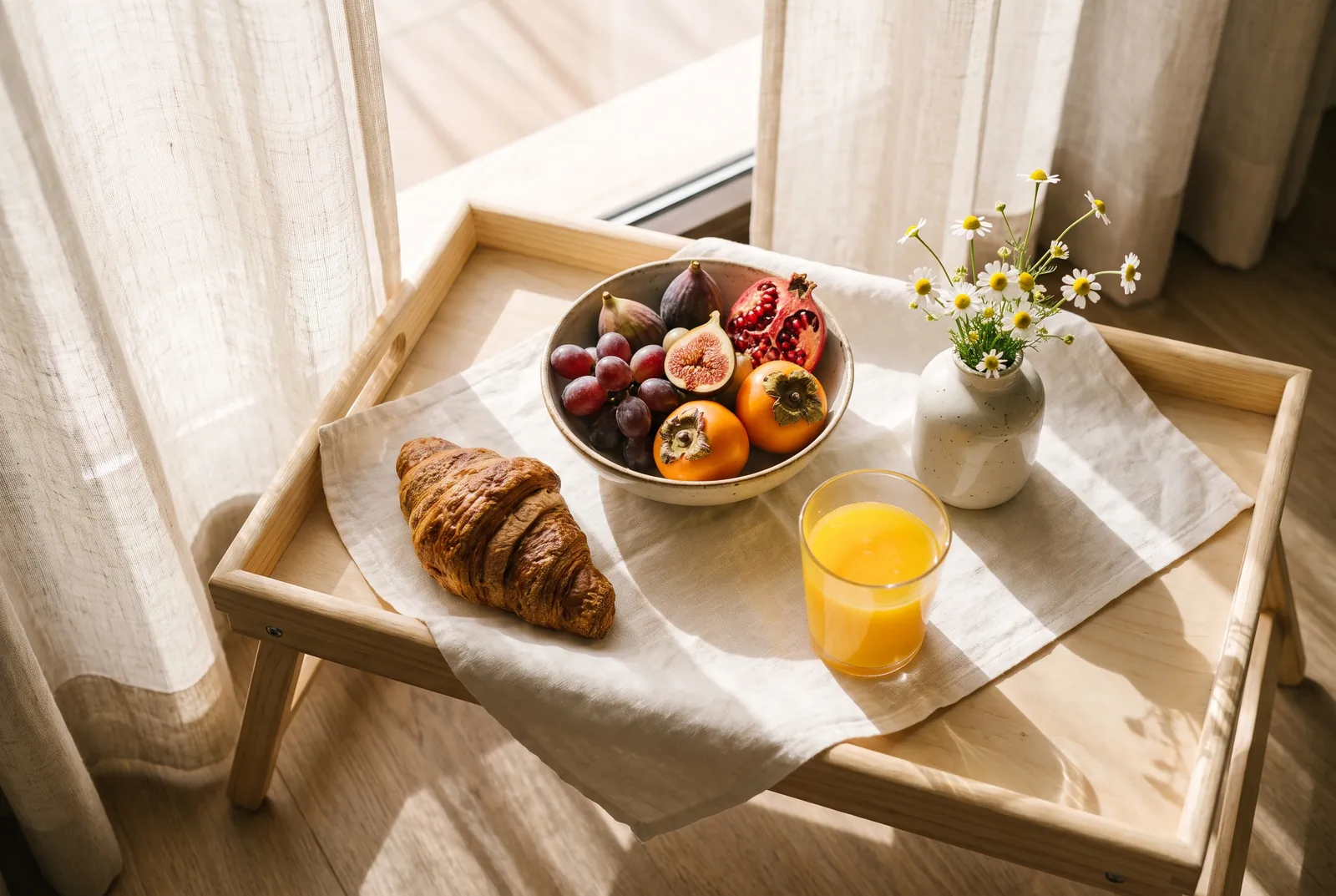 Imagen ilustrativa: bandeja de desayuno junto a ventana con croissant, fruta y zumo