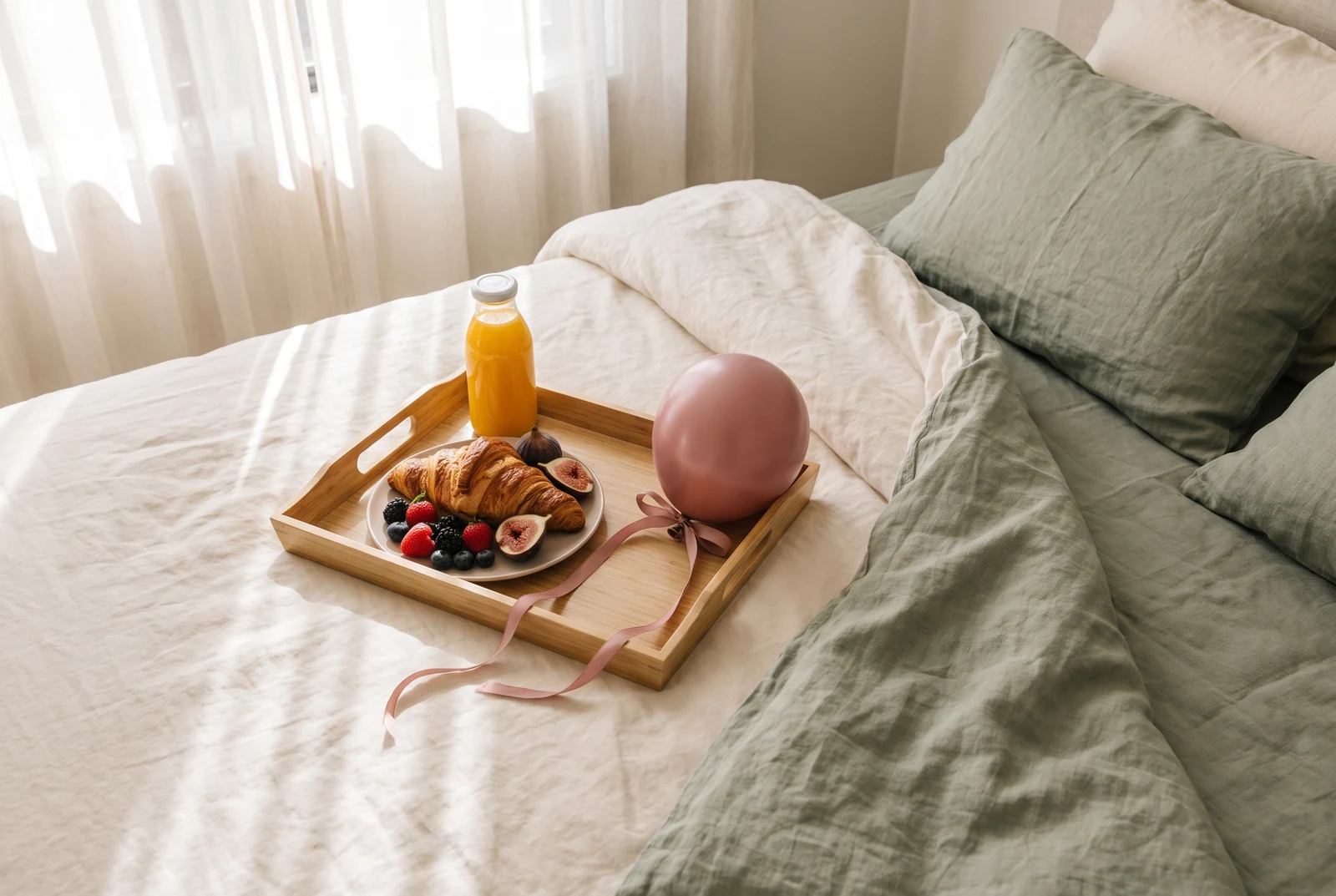 Imagen ilustrativa: bandeja de desayuno sobre cama con lino y globo rosa polvo