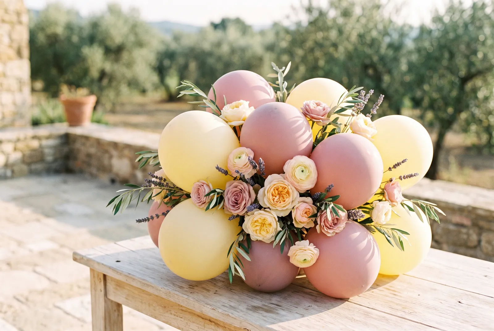 Imagen ilustrativa: bouquet de globos pastel con rosas y lavanda en un patio