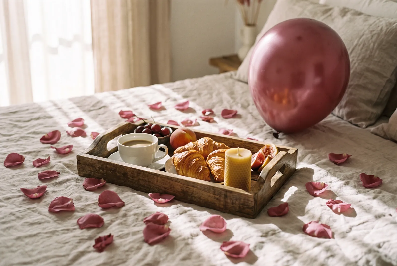 Imagen ilustrativa: bandeja de desayuno sobre una cama con pétalos y un globo granate