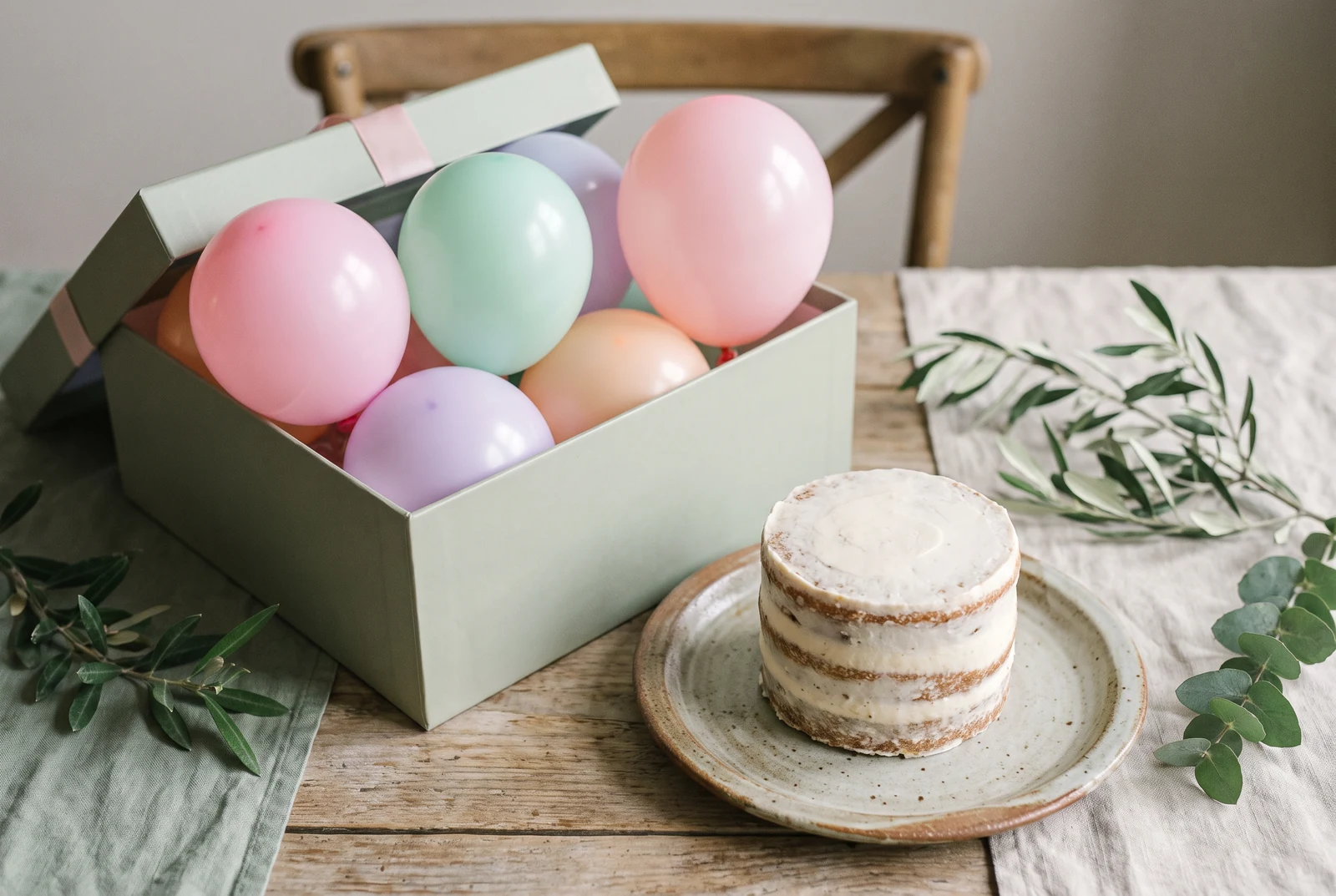 Imagen ilustrativa: caja salvia abierta con globos pastel y tarta sin decorar