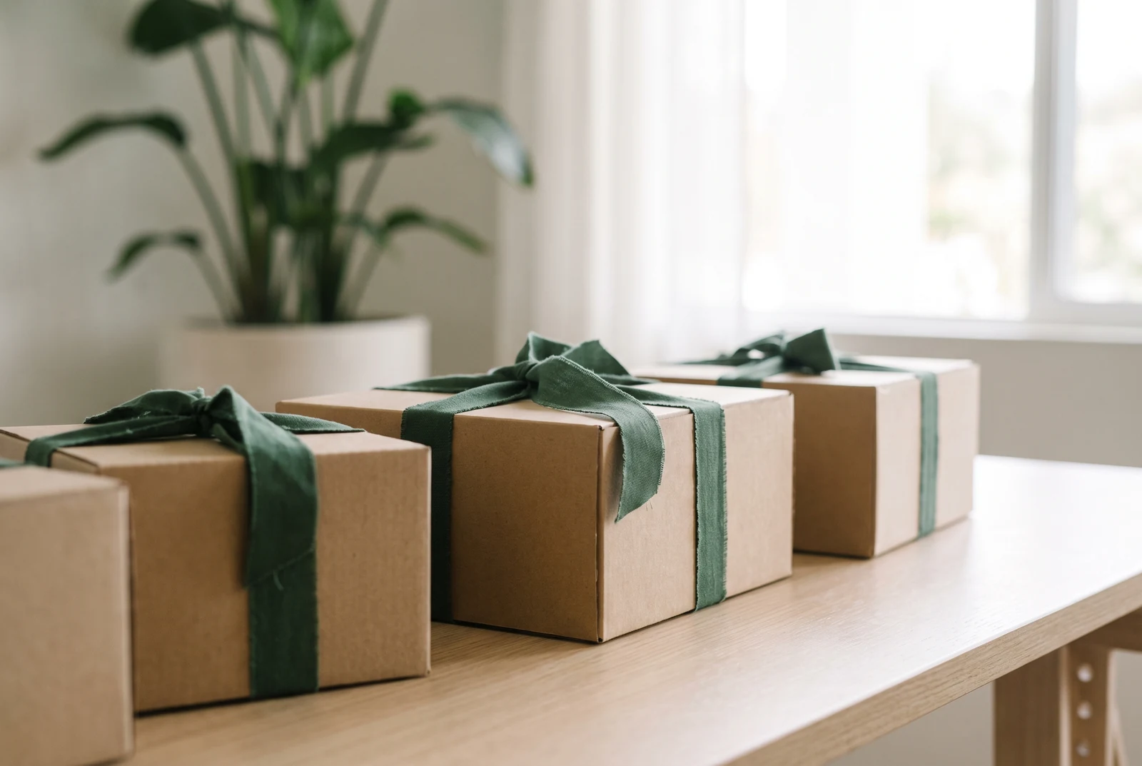 Imagen ilustrativa: caja corporativa neutra con papel verde y cinta dorada