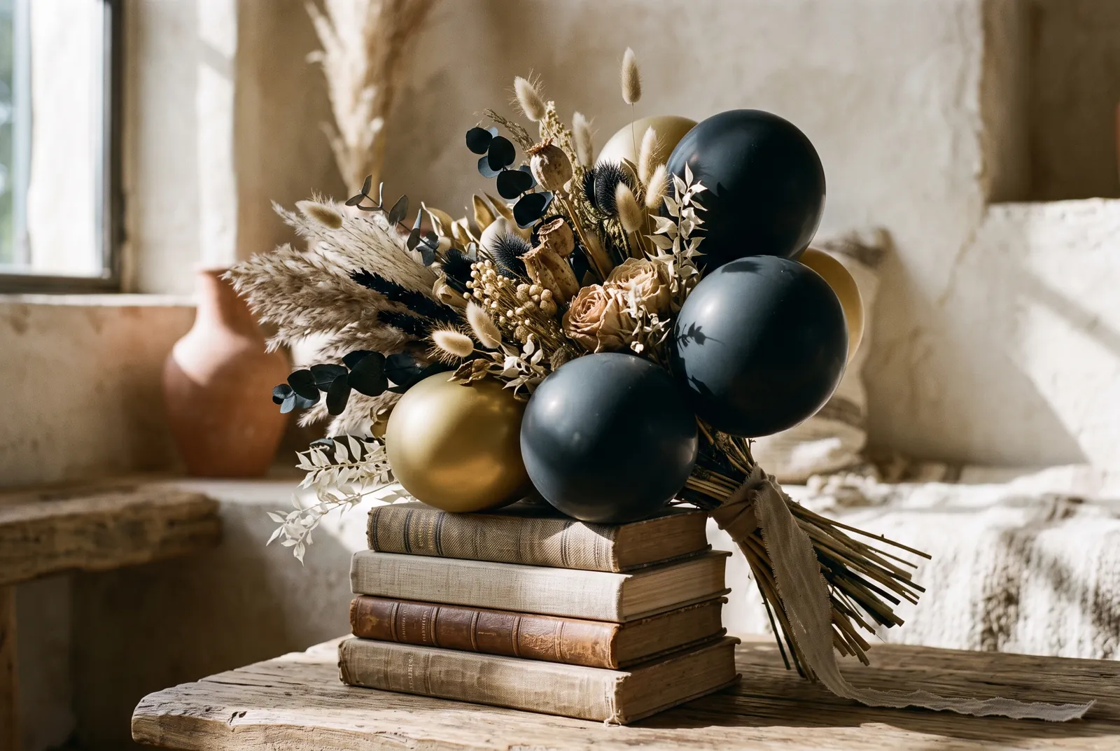 Imagen ilustrativa: bouquet de globos y flores en tonos de graduación