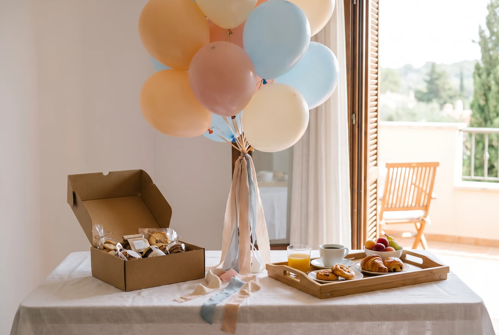 Imagen ilustrativa: globos pastel, caja kraft abierta y bandeja de desayuno junto a una ventana